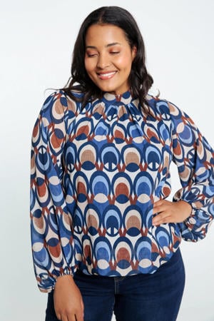 blousetop met grafische print blauw/wit/bruin