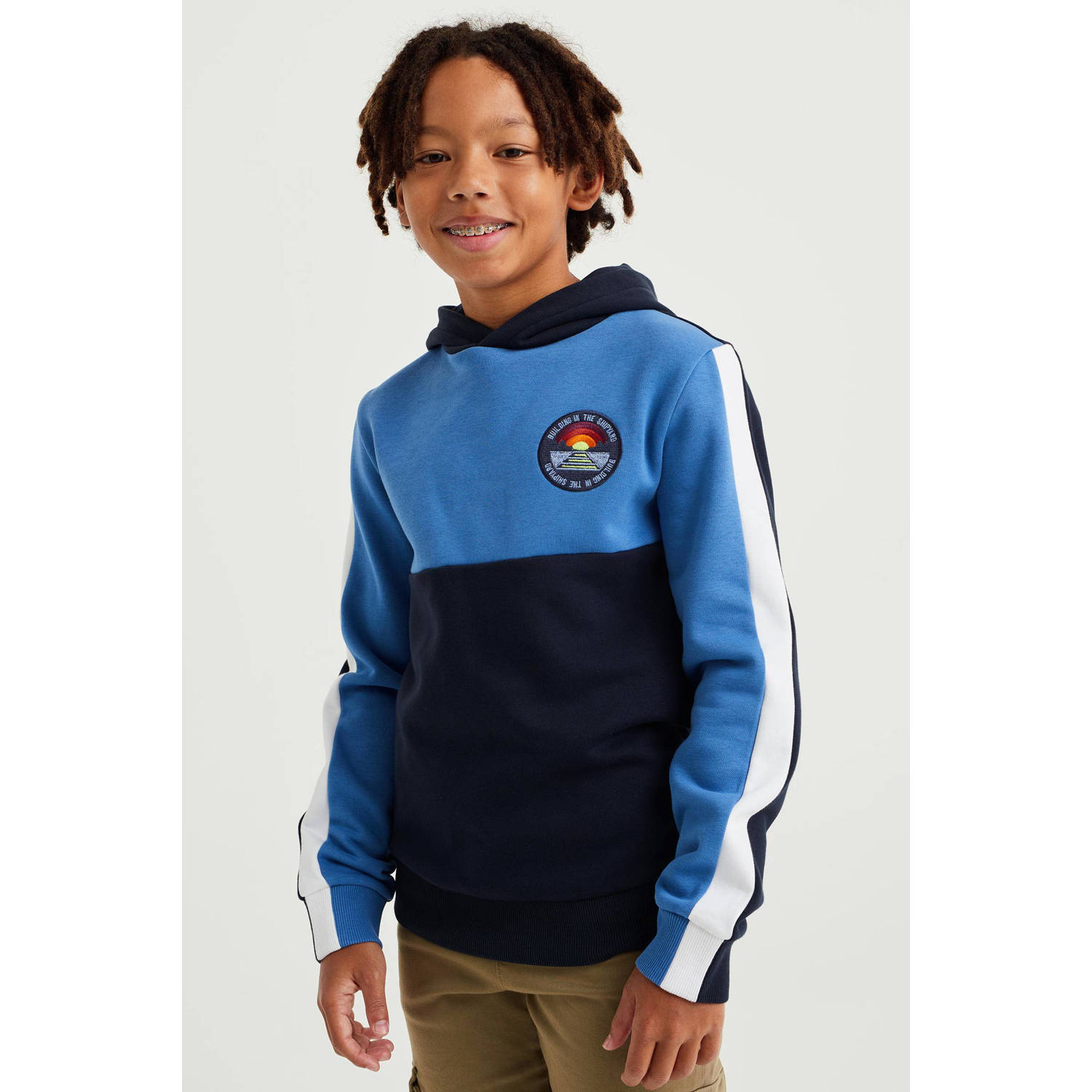WE Fashion hoodie donkerblauw lichtblauw Sweater Jongens Katoen Capuchon 134 140