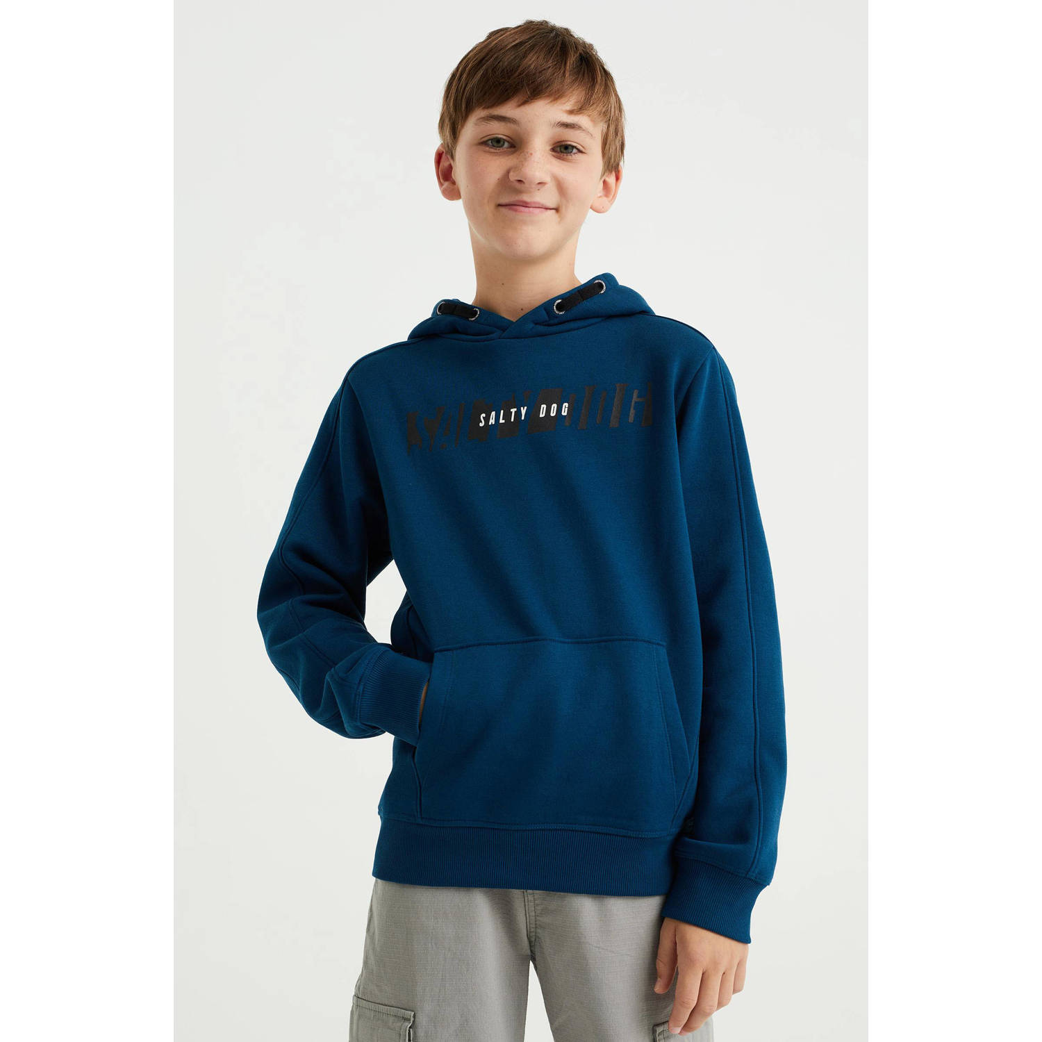 WE Fashion Salty Dog hoodie met tekst donkerblauw Sweater Tekst 122 128
