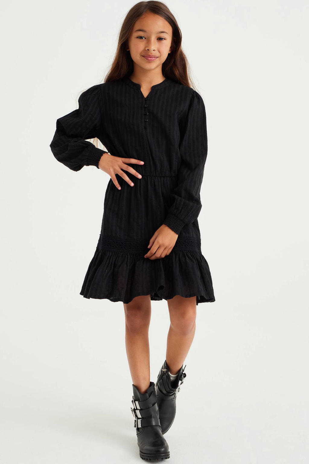 Zwarte meisjes WE Fashion semi-transparante jurk van katoen met lange mouwen en ronde hals
