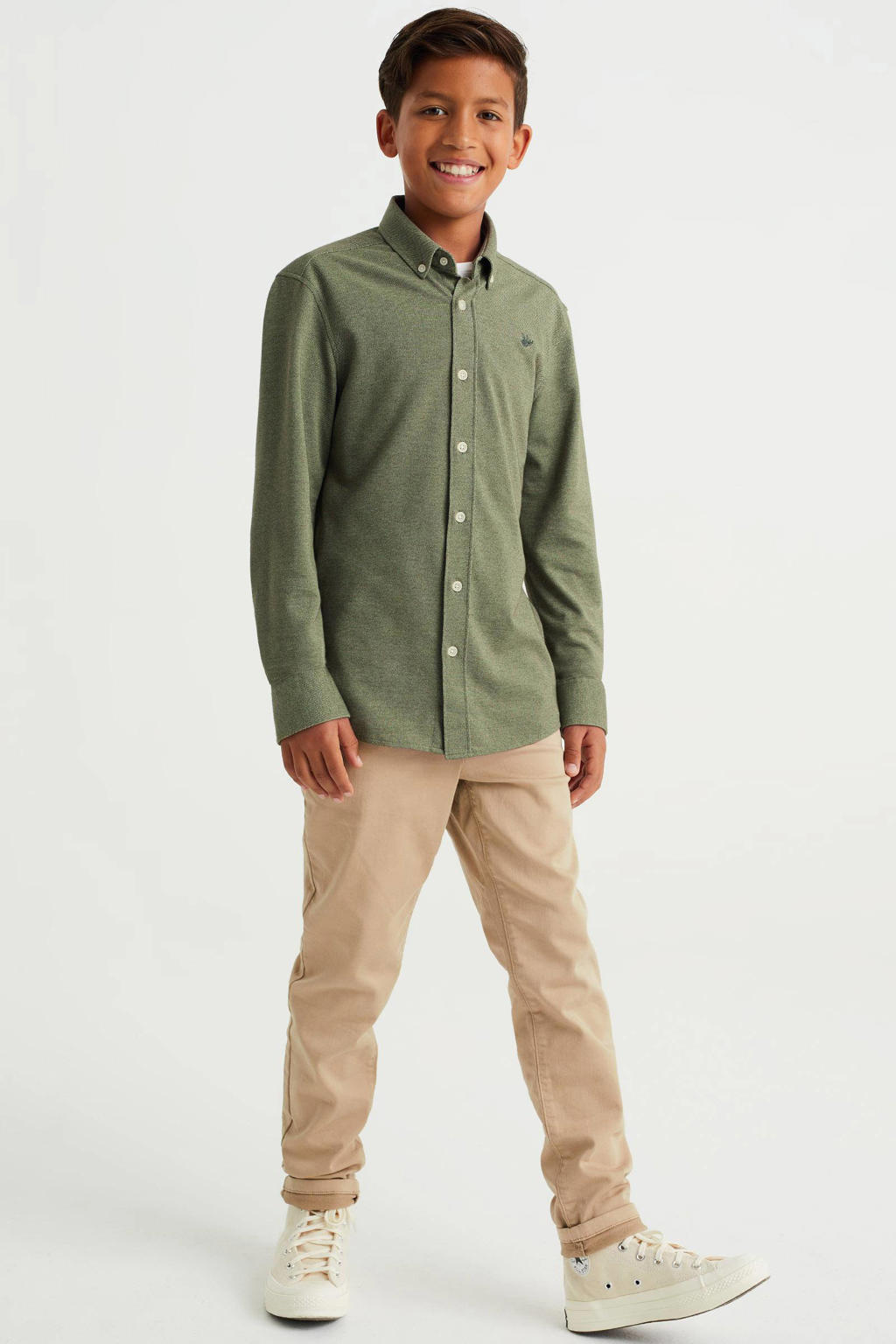 Groene jongens WE Fashion overhemd van katoen met lange mouwen, button down sluiting en knoopsluiting