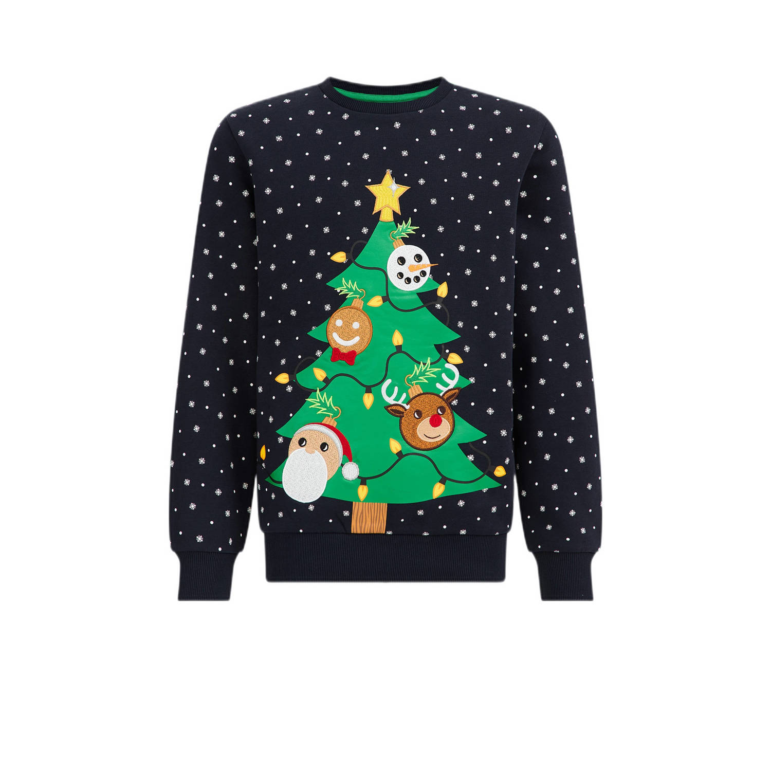 WE Fashion kerstsweater met all over print donkerblauw groen All over print 110 116