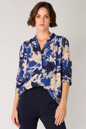 blouse met all over print donkerblauw/zand