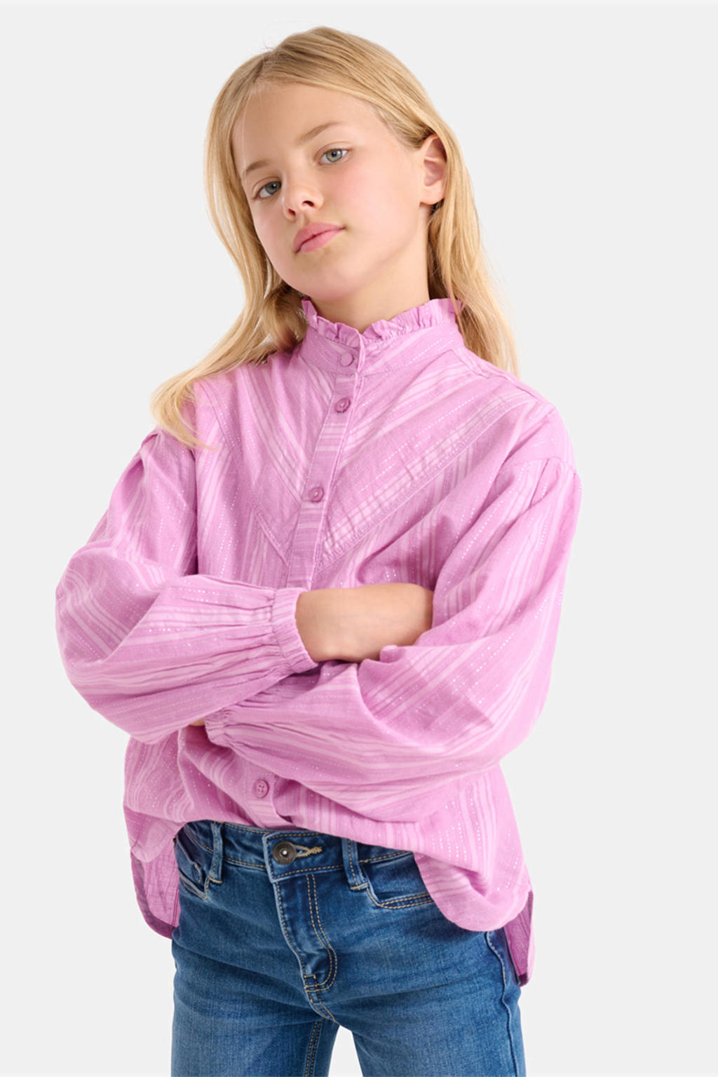 Paarse meisjes Shoeby gestreepte blouse van katoen met lange mouwen, opstaande kraag, knoopsluiting en ruches