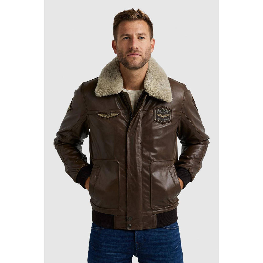 Bruine heren PME Legend quilted leren jas Hudson en patches met logo dessin, lange mouwen, klassieke kraag en rits- en drukknoopsluiting