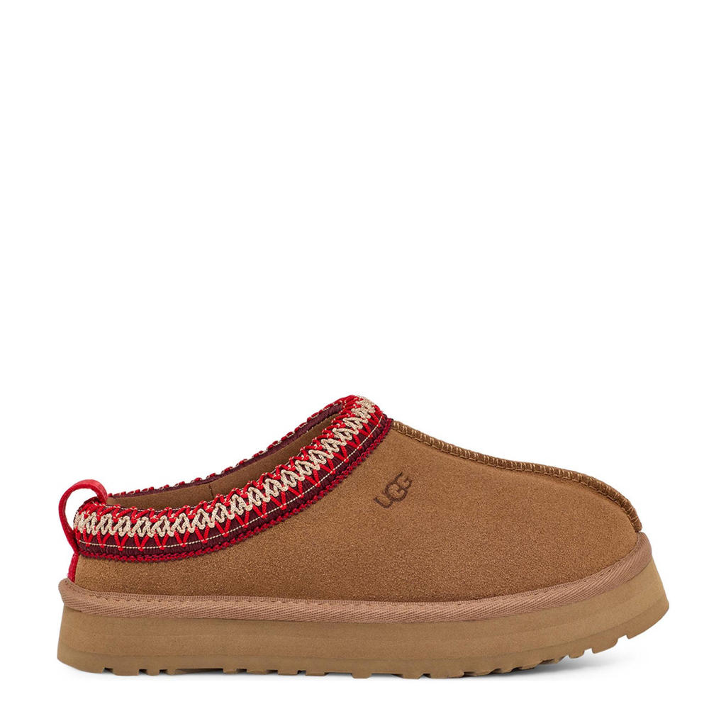 Bruin en donkerrode jongens en meisjes UGG Tazz suède pantoffels