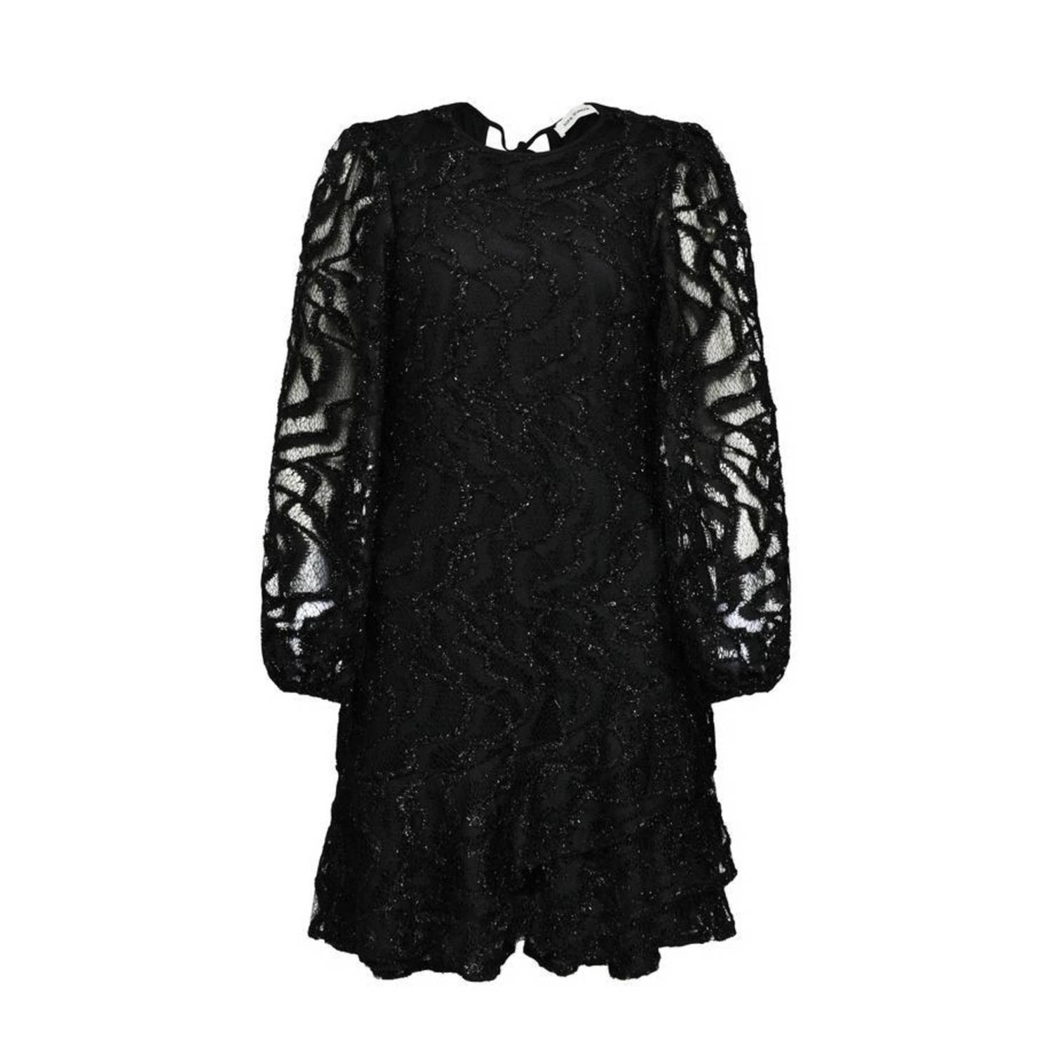 Sofie Schnoor Zwarte Glitterjurk met Pofmouwen en V-Rug Black Dames