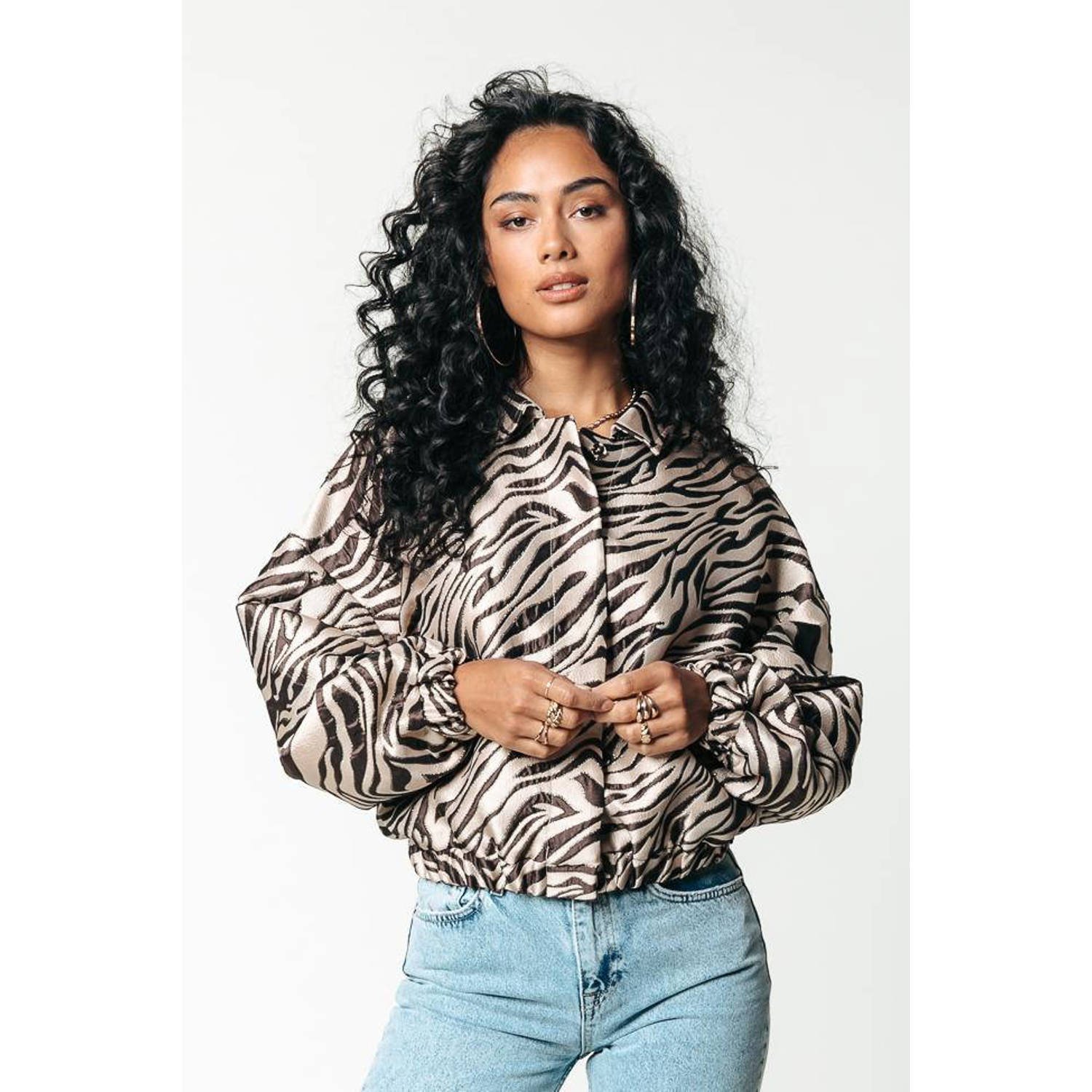 Colourful Rebel metallic jasje Bente met zebraprint ecru zwart