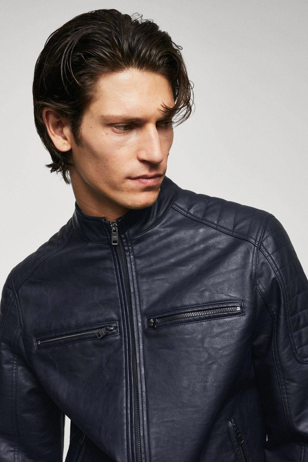 Mango Man leren jas donkerblauw wehkamp