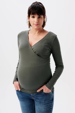 ribgebreide zwangerschaps- en voedingslongsleeve Sara olijfgroen