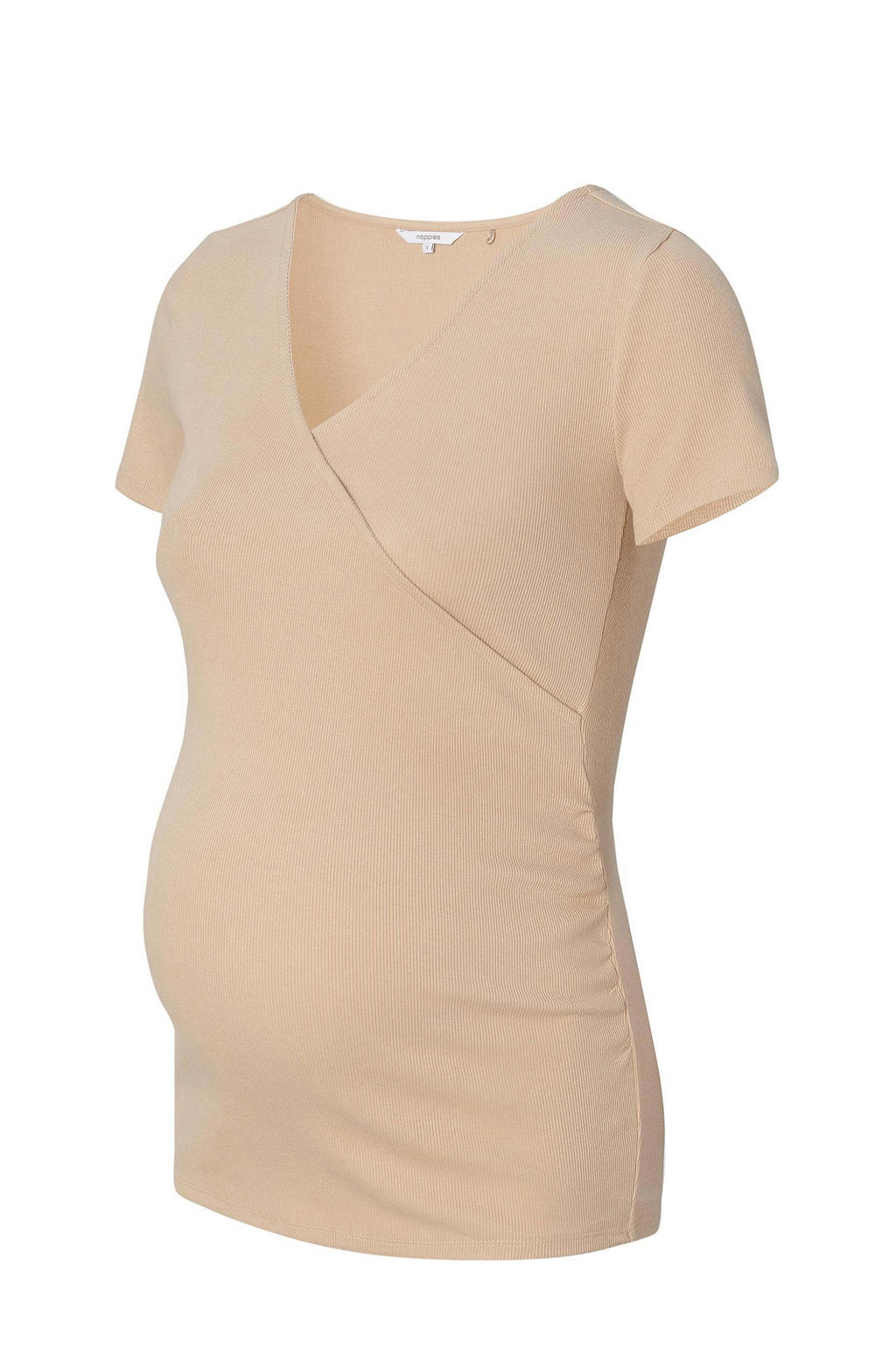 Beige dames Noppies maternity ribgebreid zwangerschapsshirt Sanson van stretchkatoen met effen, korte mouwen en V-hals