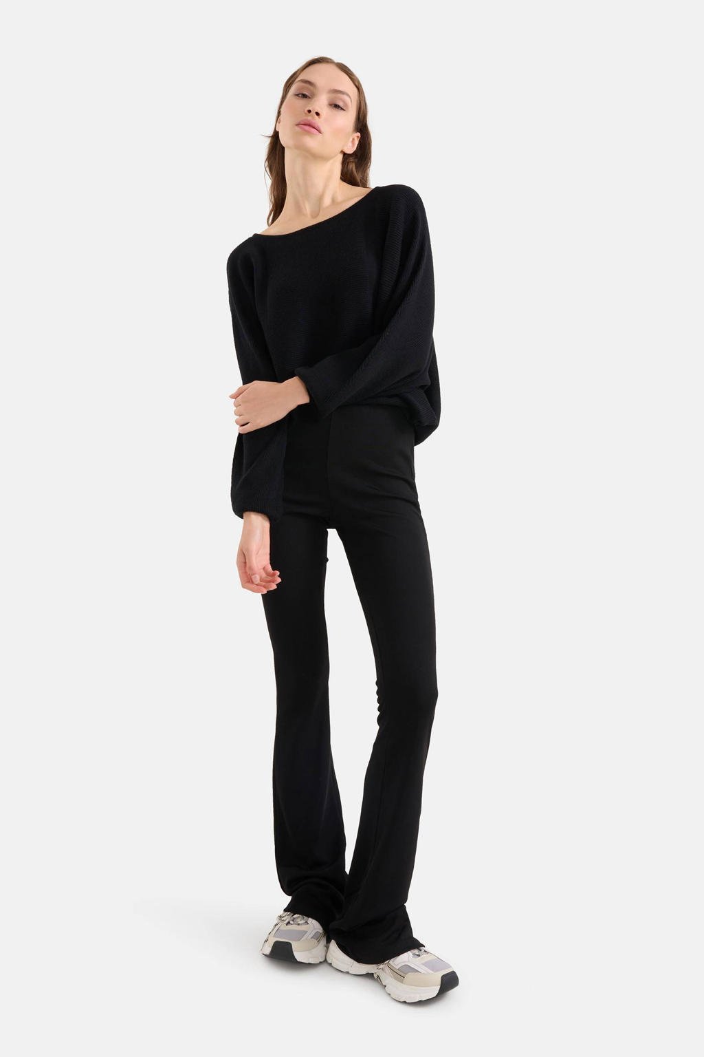 Zwarte dames Shoeby flared broek van polyester met regular waist en elastische tailleband