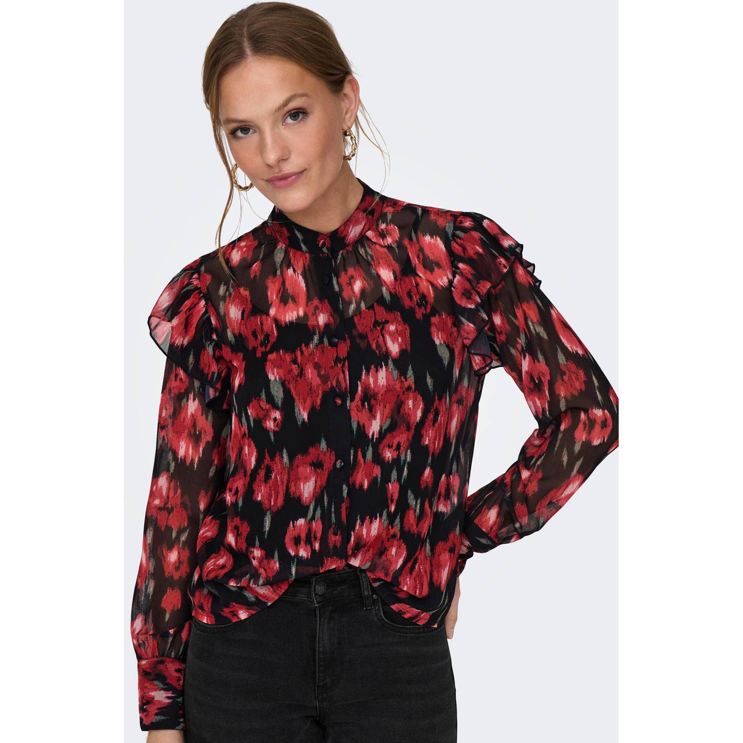 ONLY semi-transparante blouse ONLMARISE met all over print en ruches rood zwart