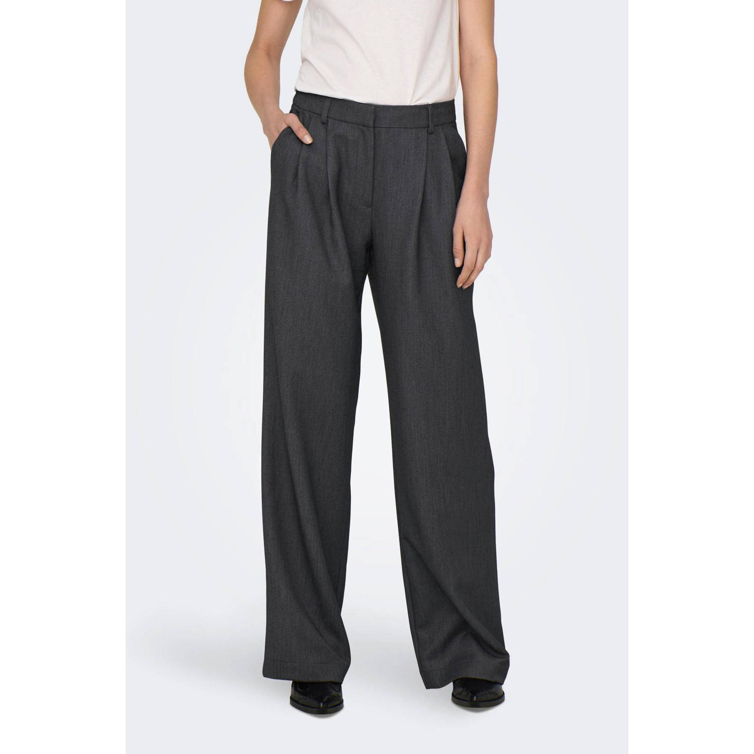 ONLY high waist straight fit pantalon ONLHATTIE donkergrijs