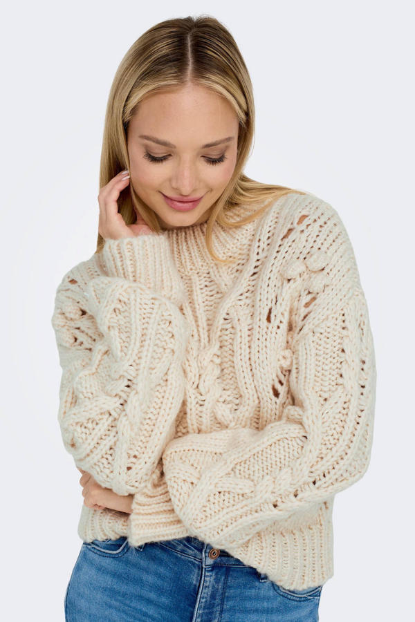 Trui Elsie beige | Gebreide kabeltrui met denim mouwen - Famous Store