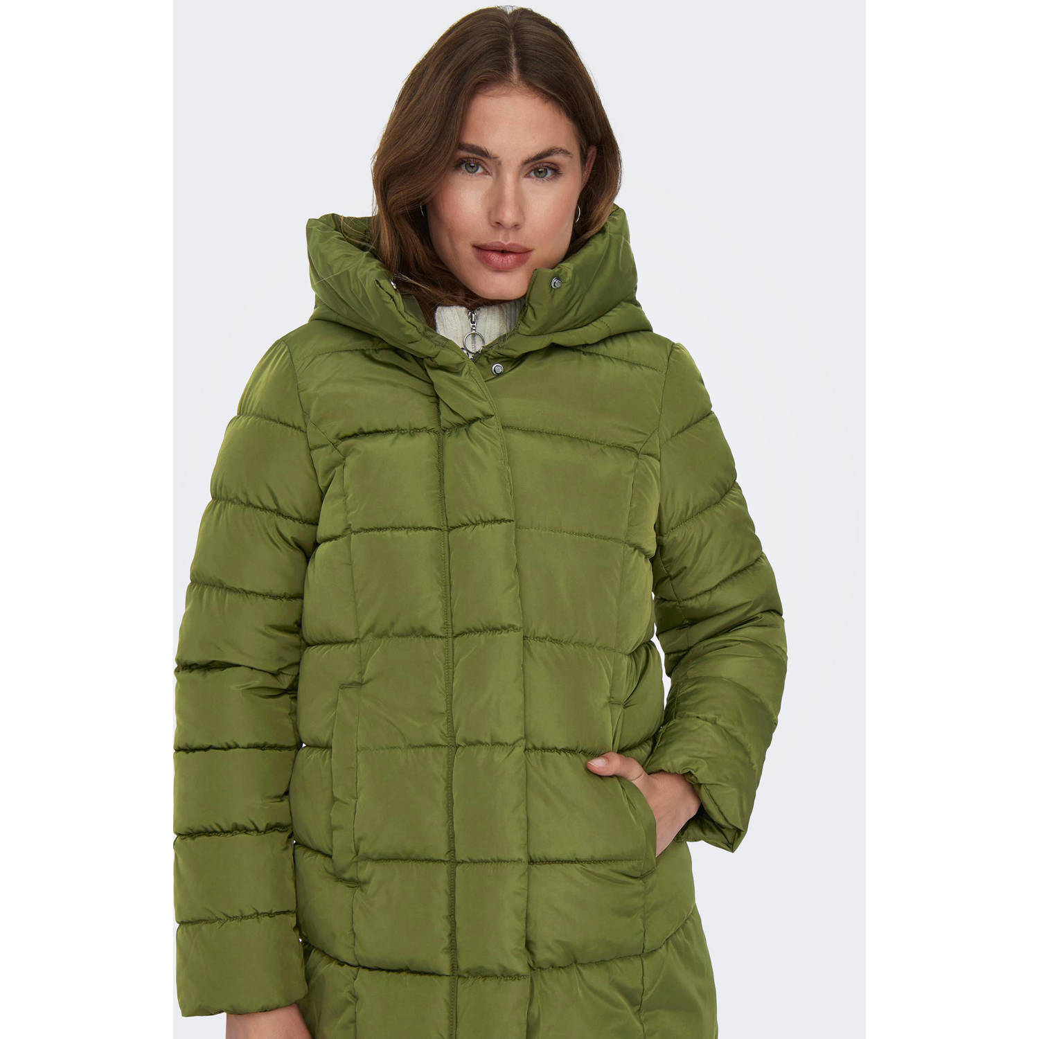 Only Shaped fit gewatteerde lange jas met aangenaaide capuchon model 'LINA'