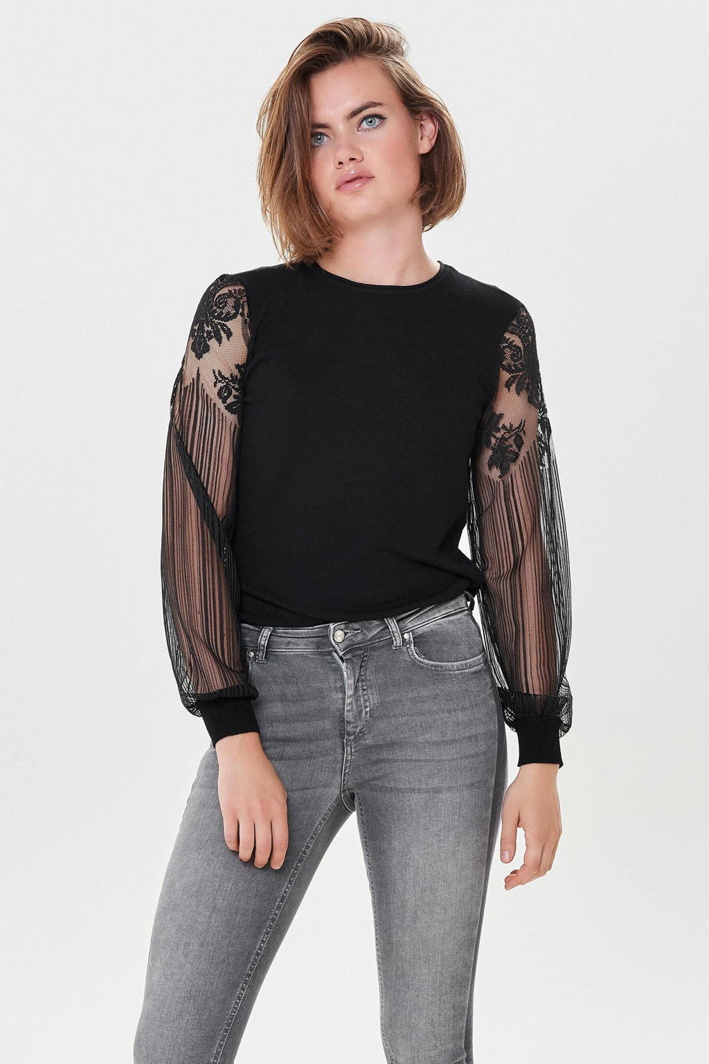 Zwarte dames ONLY semi-transparante top van viscose met lange mouwen, ronde hals en ballonmouwen