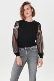 thumbnail: Zwarte dames ONLY semi-transparante top van viscose met lange mouwen, ronde hals en ballonmouwen