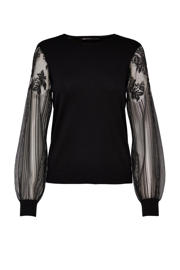 thumbnail: Zwarte dames ONLY semi-transparante top van viscose met effen, lange mouwen, ronde hals en ballonmouwen