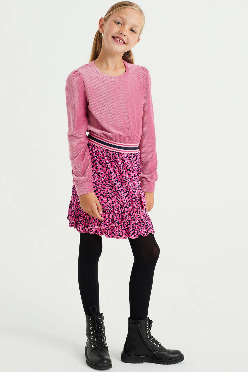 Roze meisjes WE Fashion jurk van polyester met print, lange mouwen en ronde hals