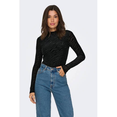 ONLY semi-transparante mesh top ONLNORA met zebraprint zwart afbeelding
