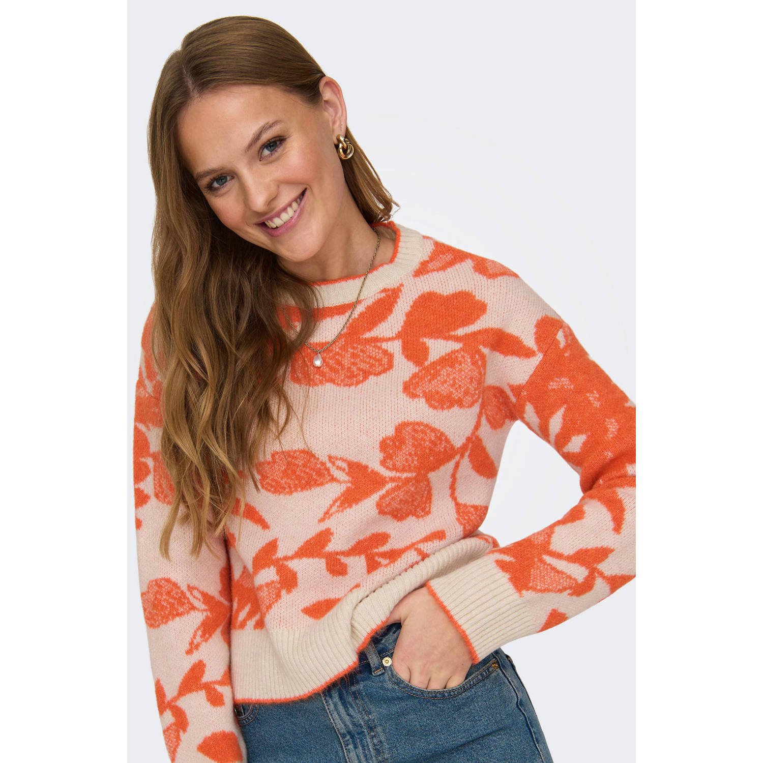 ONLY gebreide trui ONLCASSIDI met jacquard ecru oranje