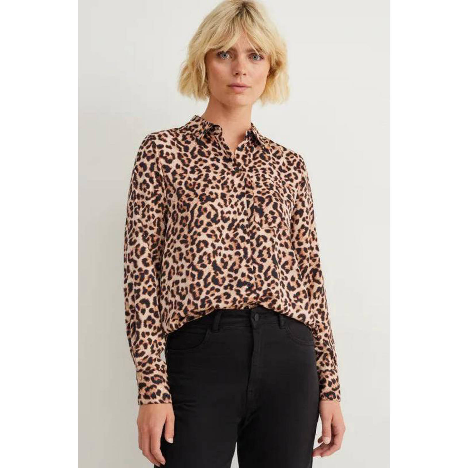 C&A blouse met panterprint ecru bruin donkerbruin