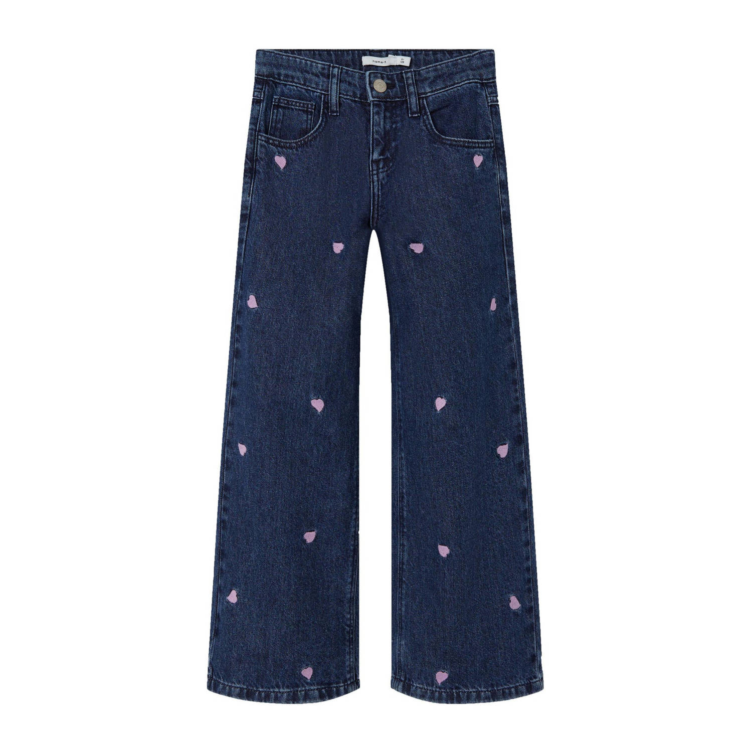 Name it KIDS wide leg jeans NKFBELLA met hartjes dark blue denim Blauw 116