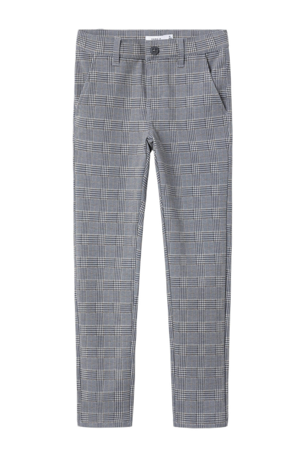 Grijze jongens NAME IT KIDS geruite slim fit broek van polyester met regular waist en drukknoopsluiting
