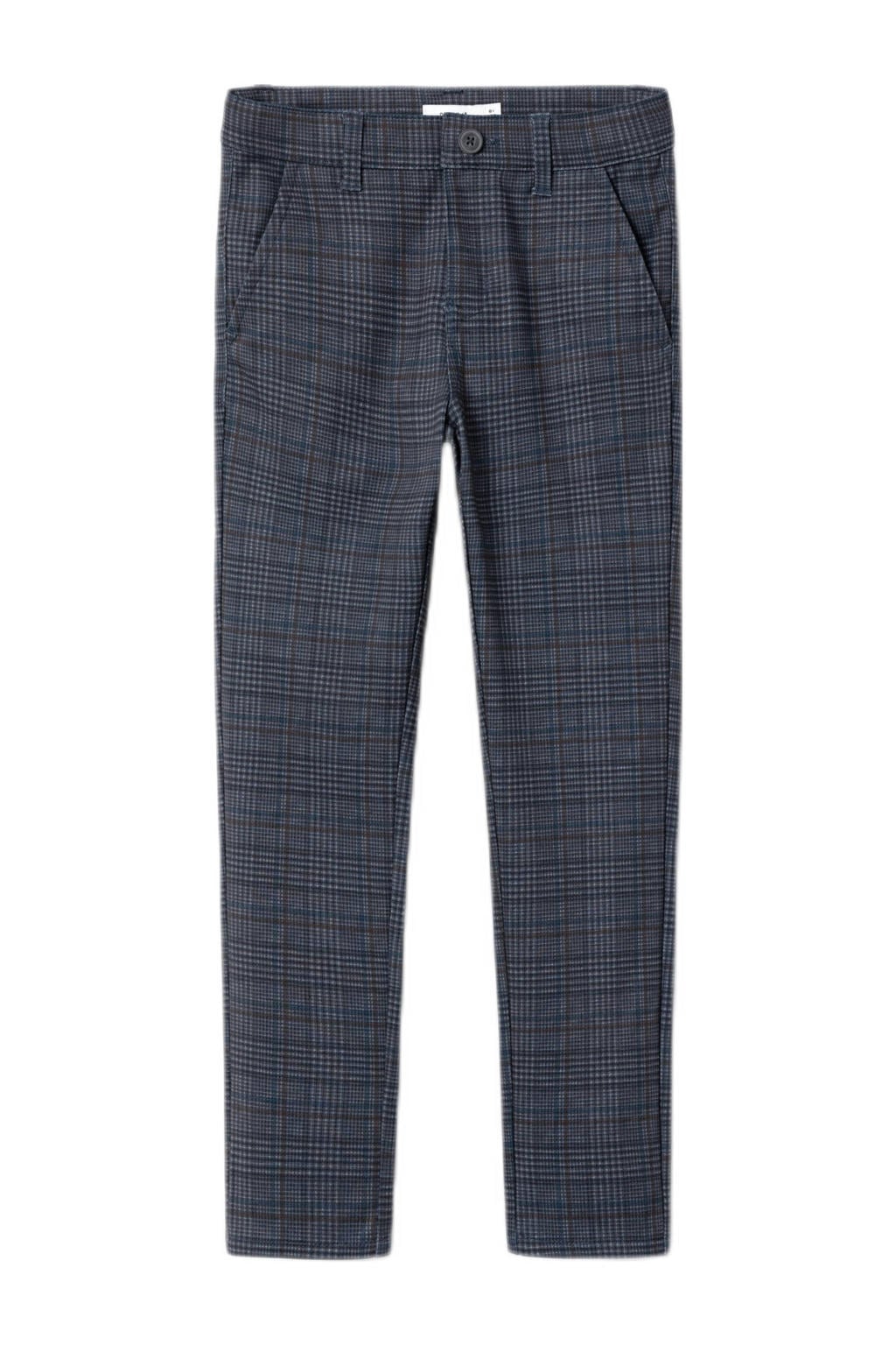 Grijze jongens NAME IT KIDS geruite slim fit broek van polyester met regular waist en drukknoopsluiting