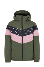 thumbnail: Groene meisjes Protest ski-jack met meerkleurige print, capuchon en ritssluiting