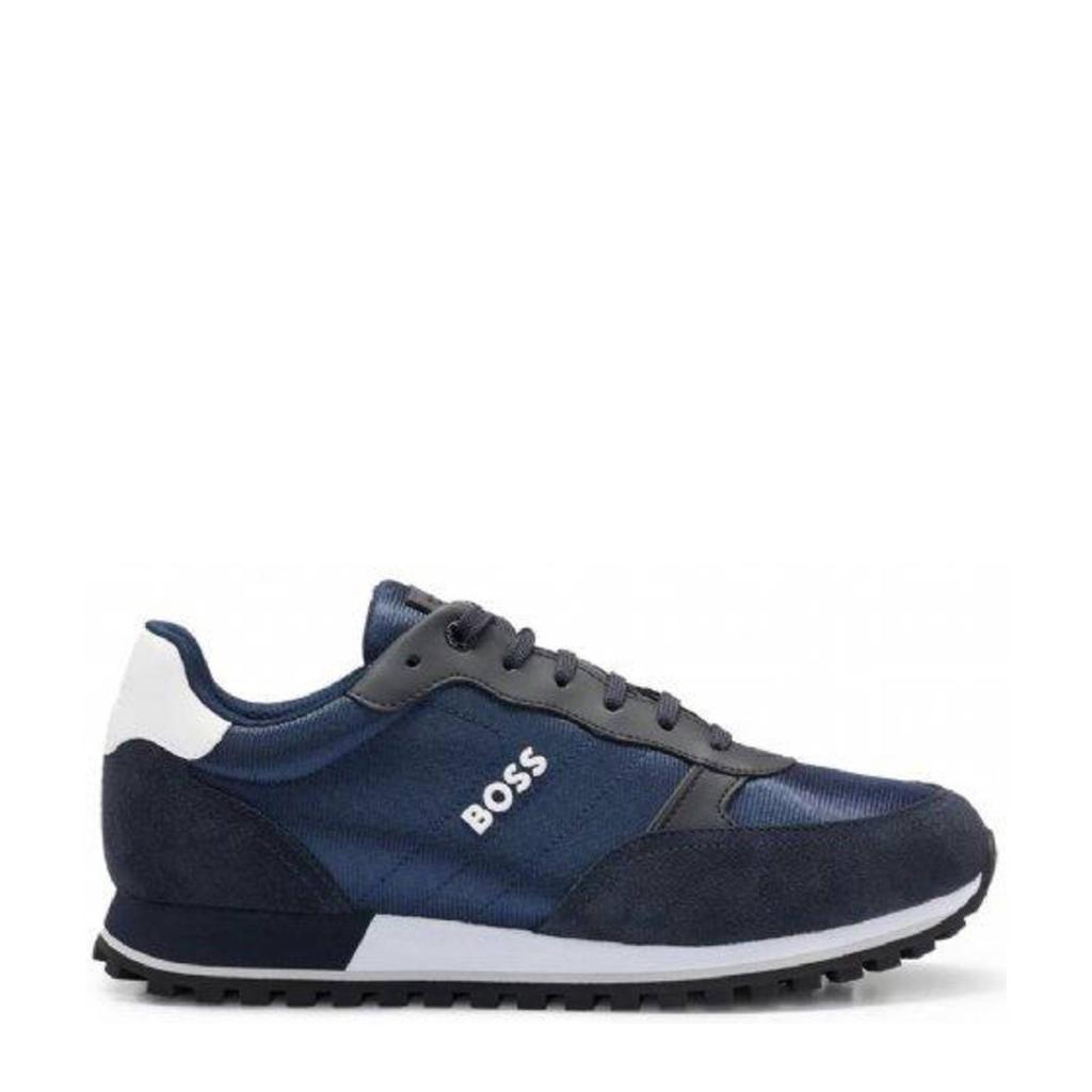 Donkerblauwe heren BOSS Parkour-L Runn NY N leren sneakers met veters