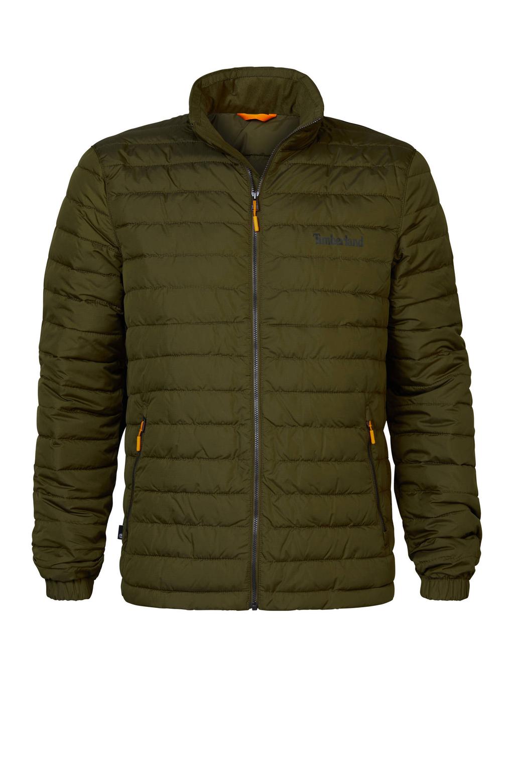 Olijfgroene heren Timberland gewatteerde jas van polyester met logo dessin, lange mouwen en ritssluiting
