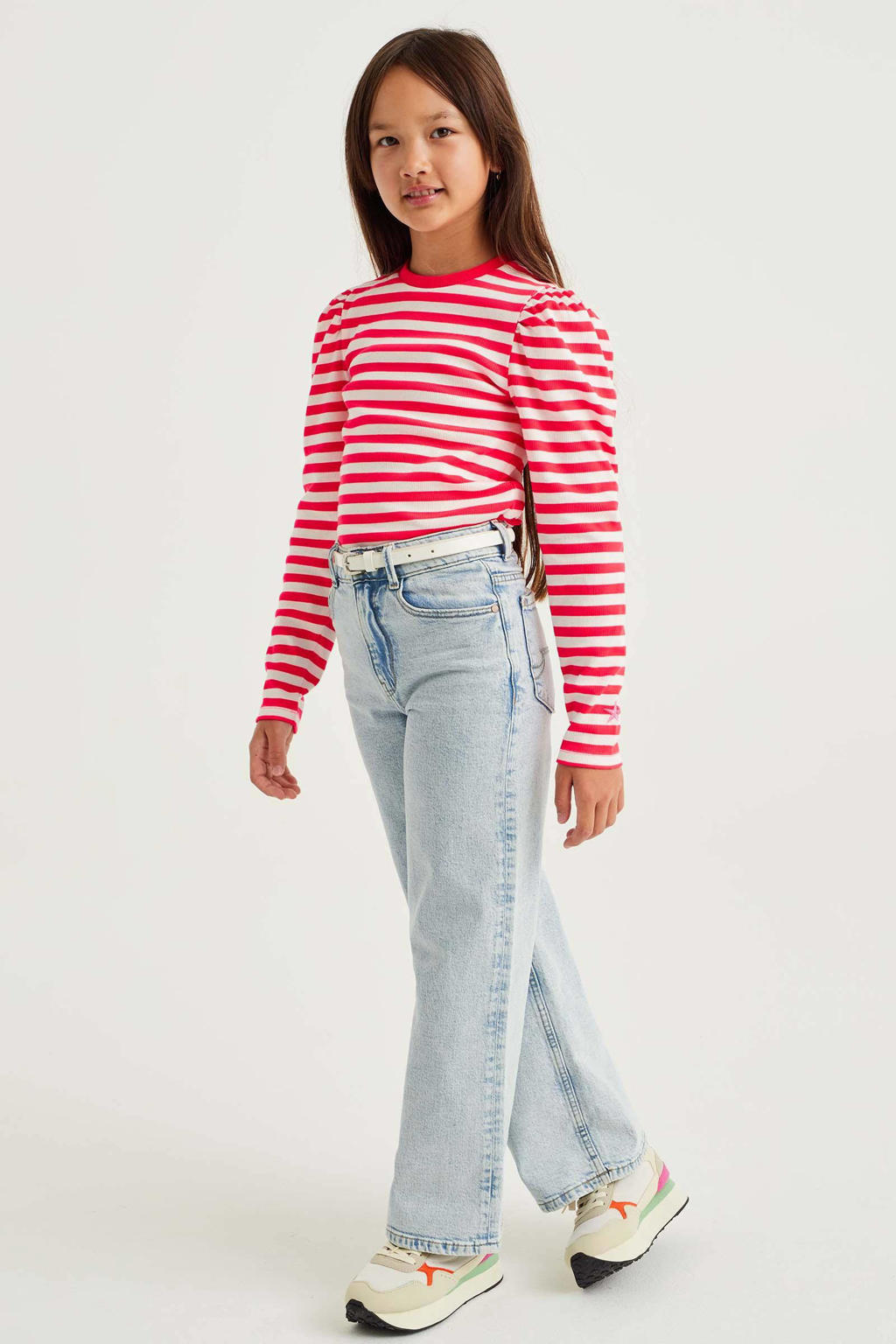 Rood en witte meisjes WE Fashion gestreepte longsleeve van katoen met lange mouwen en ronde hals