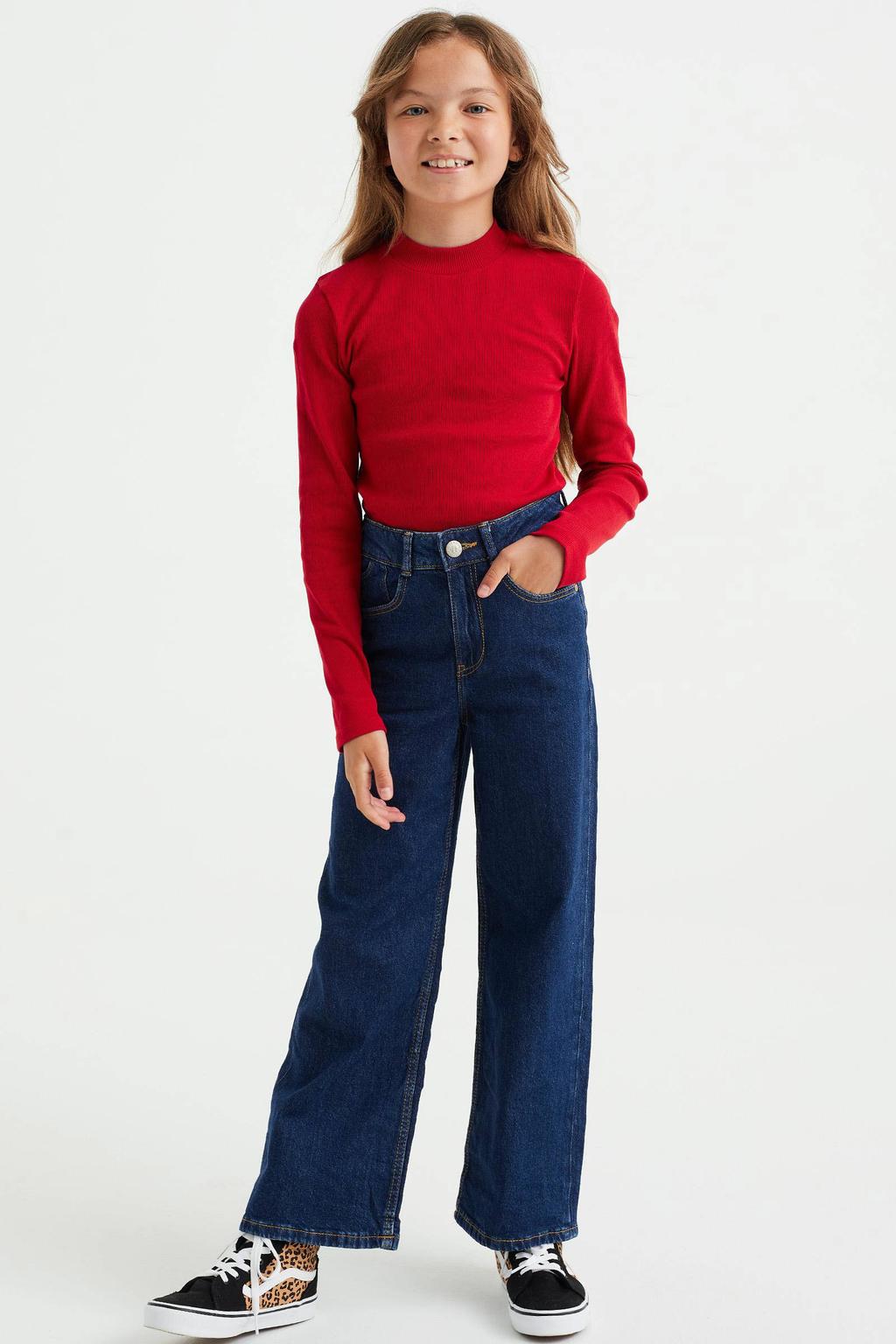 Blauwe meisjes WE Fashion Blue Ridge high waist wide leg jeans van denim met rits- en knoopsluiting