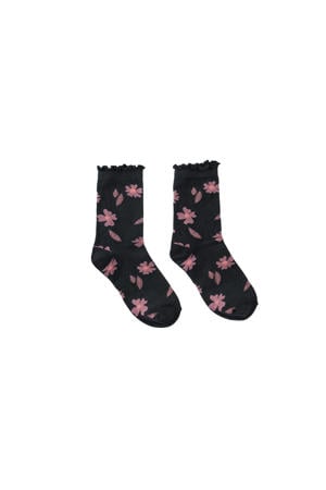 sokken Lynae met bloemenprint donkerblauw/roze