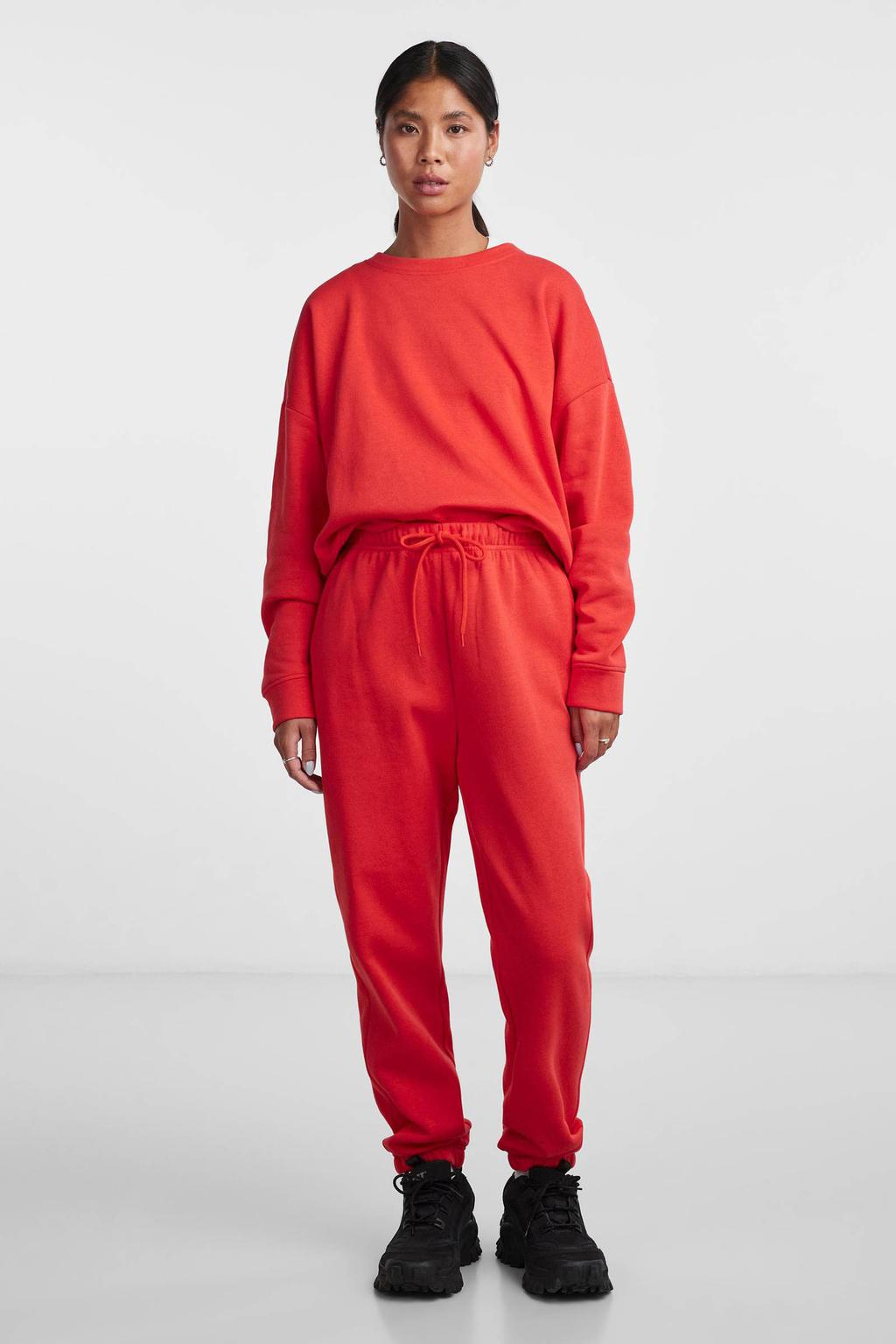 Rode dames PIECES high waist regular fit sweatpants van katoen met elastische tailleband en effen