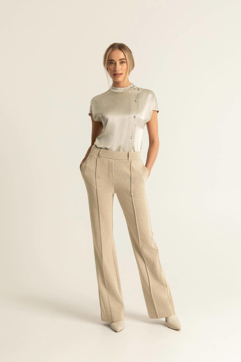 Zandkleurige dames Expresso straight fit broek van polyester met regular waist en elastische tailleband