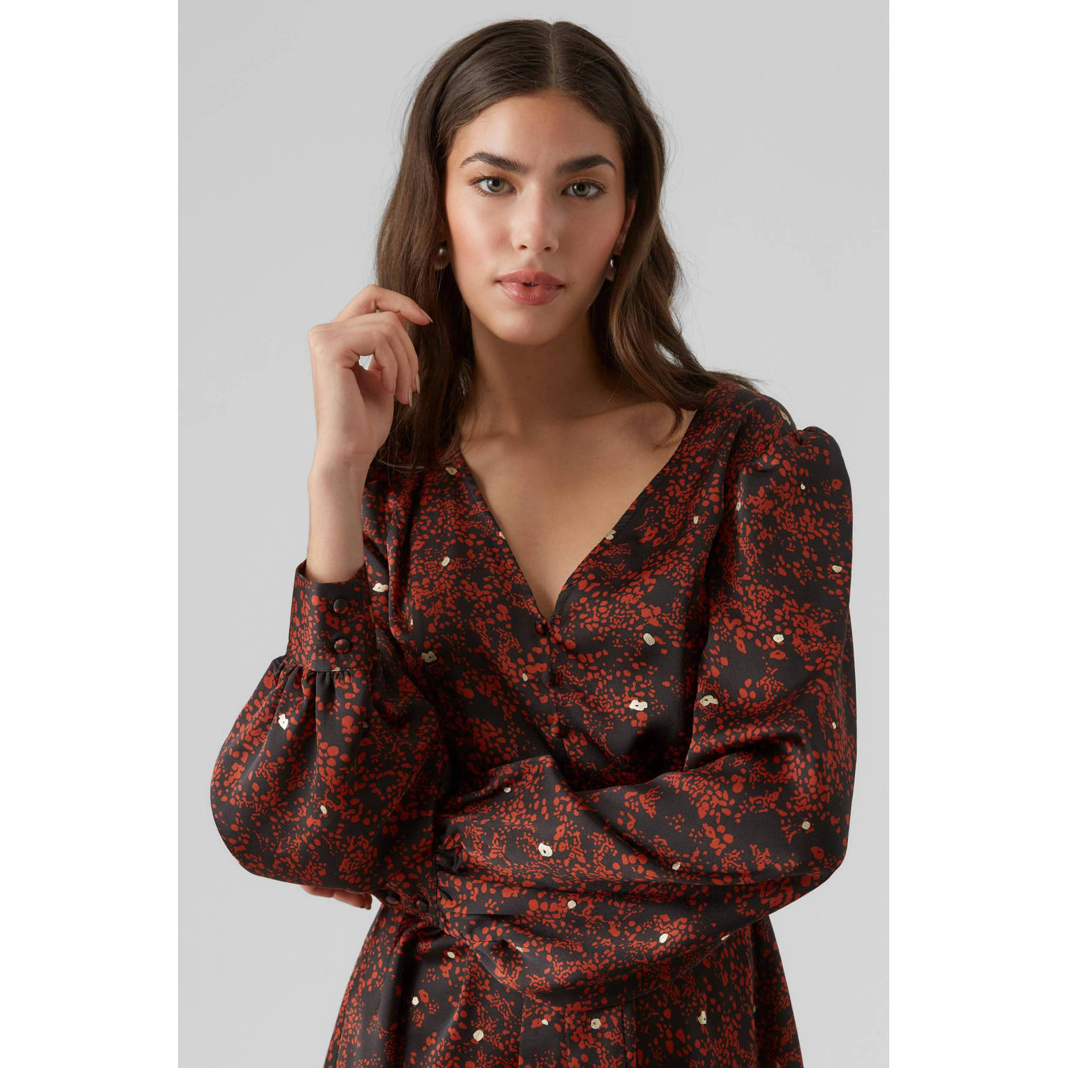 VERO MODA A-lijn jurk VMEYA met all over print en ceintuur zwart donkerrood