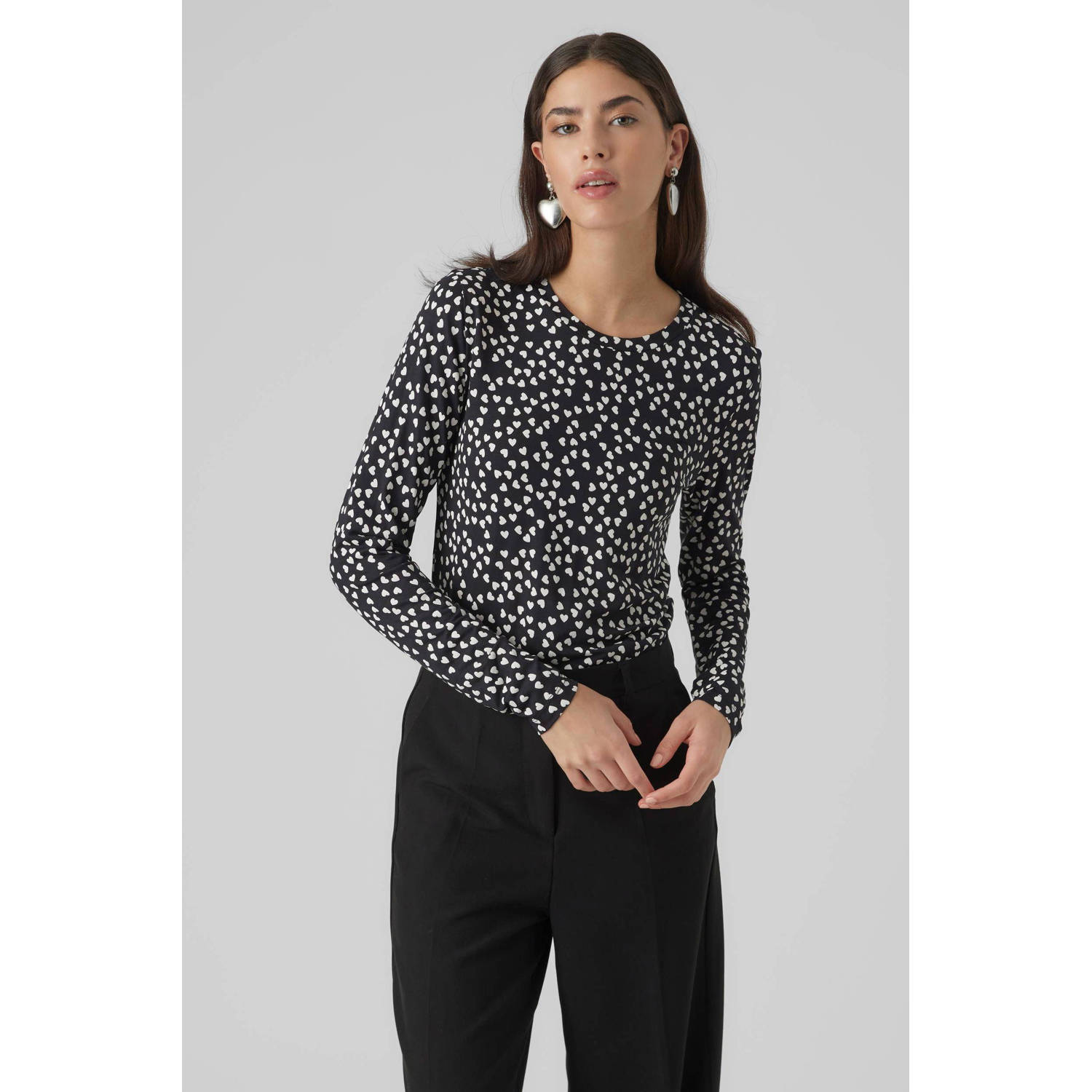 VERO MODA top VMVICA met hartjes zwart wit