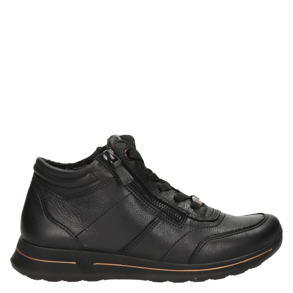 Zwarte dames Ara Osaka 2.0 leren sneakers met rits- en vetersluiting en effen