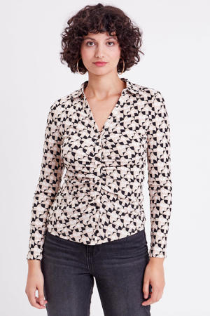 blouse met grafische print en plooien beige/ zwart