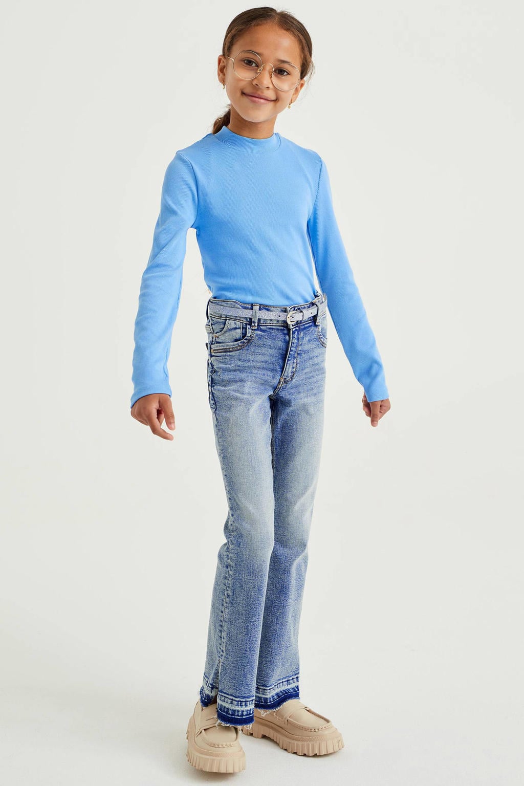 Blauwe meisjes WE Fashion ribgebreide longsleeve van katoen met effen, lange mouwen en col