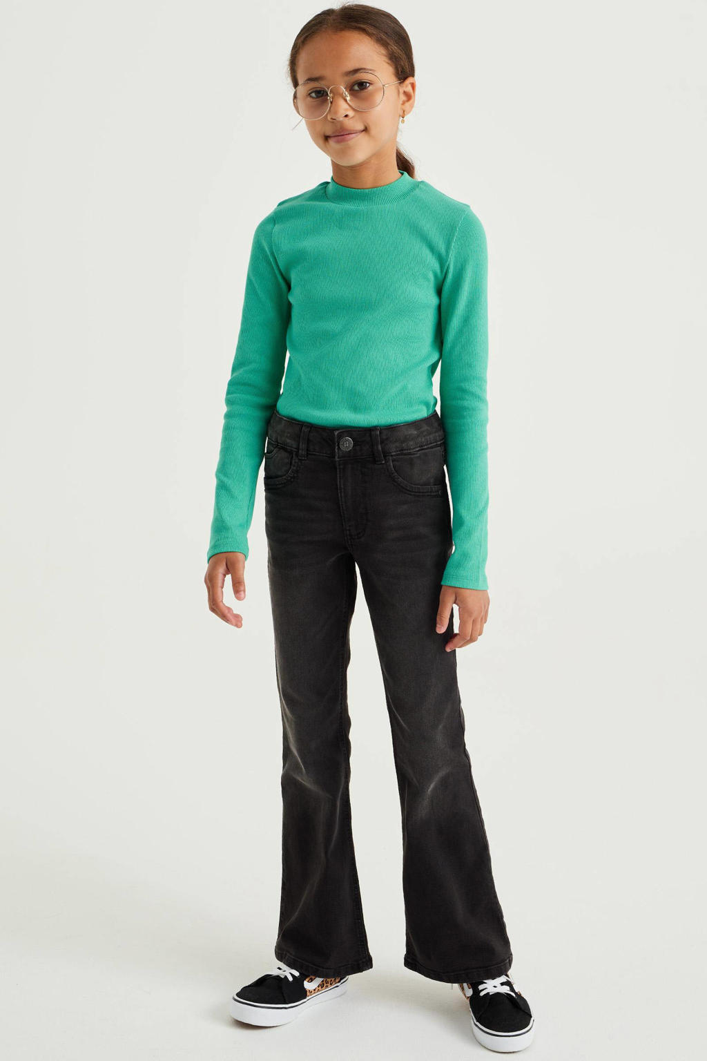 Groene meisjes WE Fashion ribgebreide longsleeve van katoen met effen, lange mouwen en col
