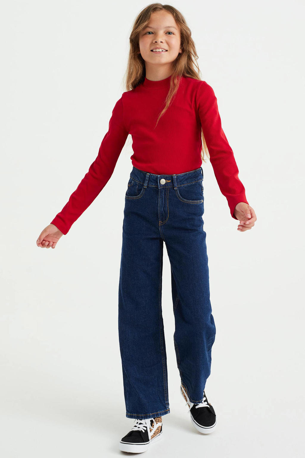 Rode meisjes WE Fashion ribgebreide longsleeve van katoen met effen, lange mouwen en col