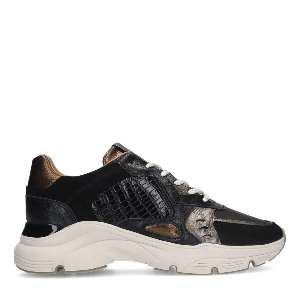 Zwarte dames Manfield chunky leren sneakers met veters