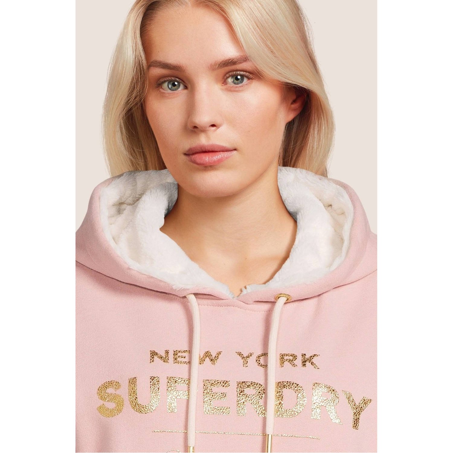 Superdry hoodie LUXE METALLIC LOGO HOODIE met printopdruk roze