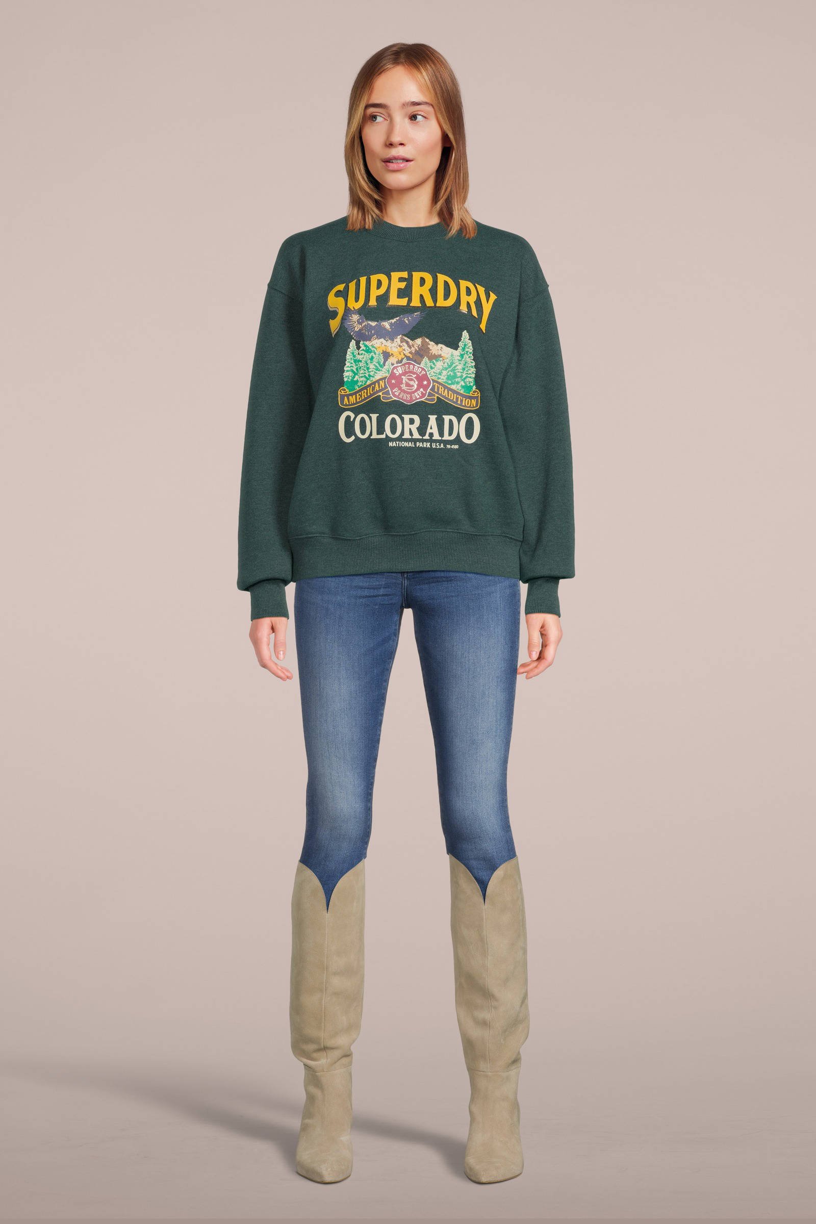 Superdry sweater met printopdruk groen wehkamp