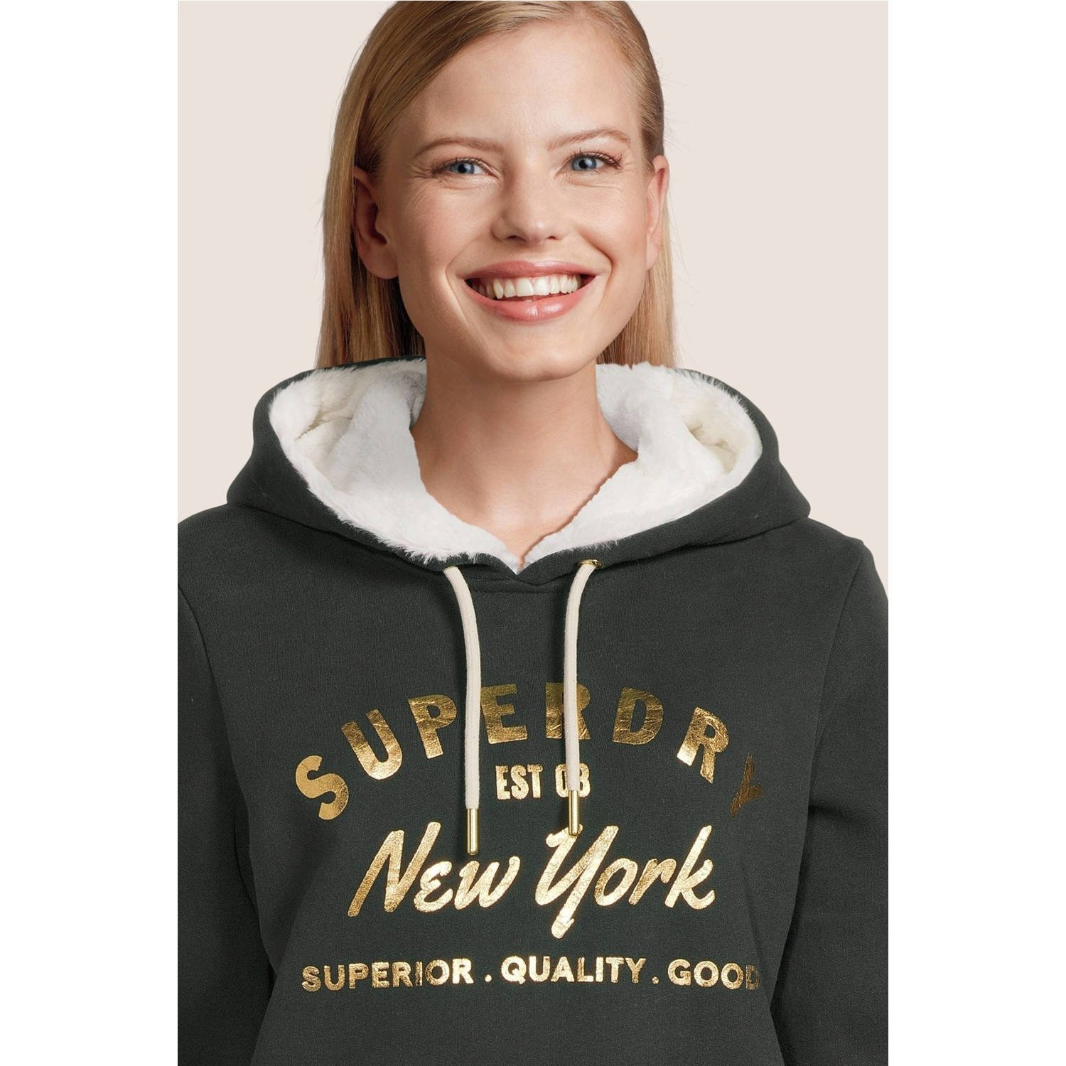 Superdry hoodie LUXE METALLIC LOGO HOODIE met printopdruk groen