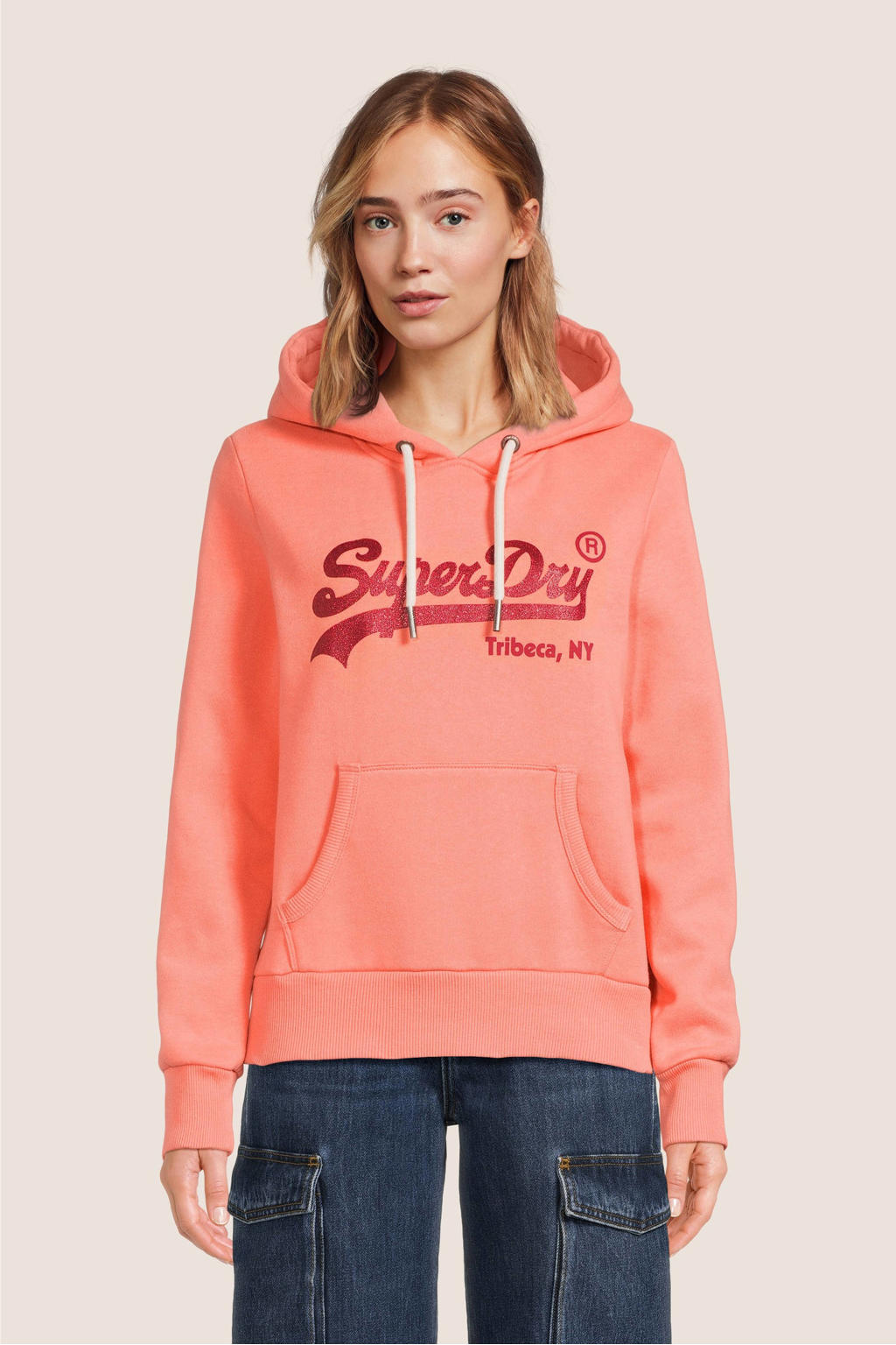 Superdry hoodie EMBELLISHED VL HOODIE met printopdruk koraalrood wehkamp